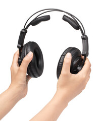 hand holding Headphones Isolated on White Background
