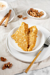 Cake Anthill. Cake made of cookies, walnuts with condensed milk. Walnut cake. Home-made traditional pastries. Soviet pastries