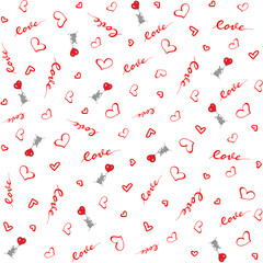 Love theme pattern with cute bunny and red hearts silhouettes on white background. Valentines day print for paper or fabric decoration