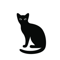 Black silhouette of a sitting cat isolated on a white background. The symbol of Halloween. Can be used as a sticker template, logo element, icon for web design. Flat style. Vector illustration.