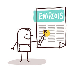 Annonces d'Emplois - Personnage Masculin dessiné à la main, avec Couleurs sur fond Blanc