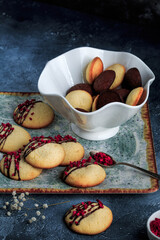 Homemade Vanila and Chocolate cookies. Sugar Cookies. Cookies with Raspberry and Chocolate topping. 
