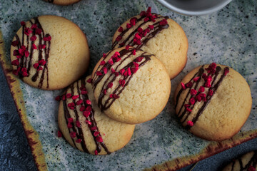 Homemade Vanila and Chocolate cookies. Sugar Cookies. Cookies with Raspberry and Chocolate topping. 