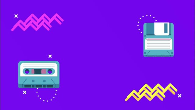 cassette and floppy disk in memphis retro style background