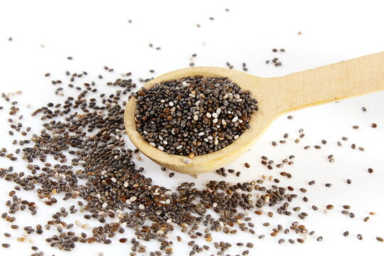chia seeds Salvia hispanica isolated in spoon on white background