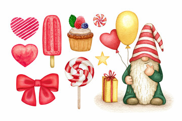 Set of watercolor Love symbols, Sweets, Hearts and Gnome in a striped cap with Balloons and Gift. Hand drawn collection of elements isolated for Holiday design greeting card, poster, invitation