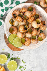 Escargots de Bourgogne. Snails with butter, herbs, and garlic in a plate top view.
