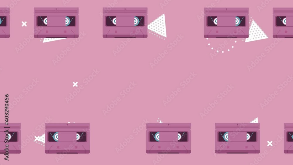 Poster cassettes record frame in memphis retro style background