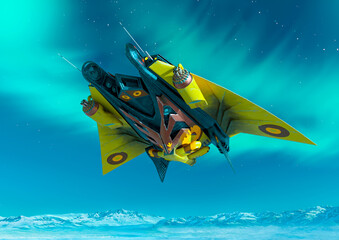 alien space ship is floating on ice planet bottom view