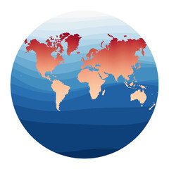 World Map Vector. Van der Grinten projection. World in red orange gradient on deep blue ocean waves. Authentic vector illustration.