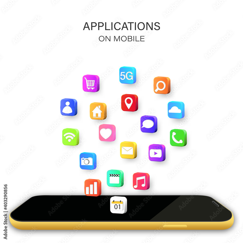 Poster mobile or smartphone with application icons isolated on white background as new technology concept. 