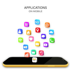 Mobile or smartphone with application icons isolated on white background as new technology concept. vector illustration.