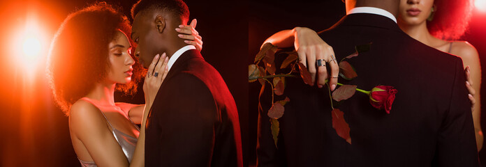 collage of african american couple hugging and woman holding red rose on black
