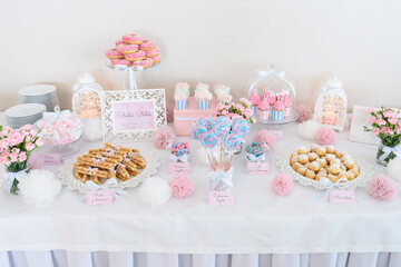 Various type of sweets on a pastel candy bar
