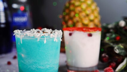 Jack frost cocktail and White Christmas Margarita, selective focus