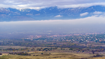 Aerial view of Madrid mountains and villages in the valley. Navacerrada Guadarrama.
