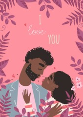 Vector valentine card with cute characters. Lovers black african american man and woman hug.