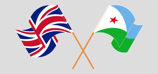 Crossed and waving flags of the UK and Djibouti