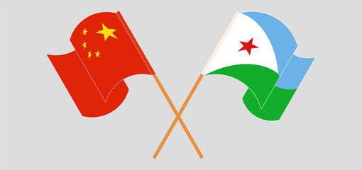 Crossed and waving flags of China and Djibouti