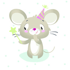 cartoon cute mouse with magic wand on holiday