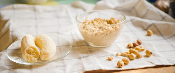 Overnight oats banner. Homemade easy recipes. Ingredients on the table. Oatmeal with honey. Copy...
