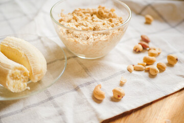 Overnight oatmeal. Home cooking breakfast. Healthy food. Fresh banana. 