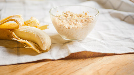 Overnight oats banner. Homemade easy recipes. Ingredients on the table. Oatmeal with honey. Copy space