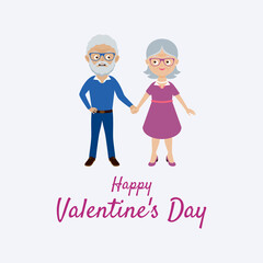 Happy Valentine's Day greeting card with cheerful elderly senior couple vector. Happy old man and woman vector. Beautiful senior couple in love cartoon character. Older people holding hands vector
