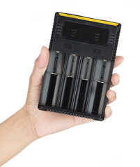 Hand holding Black of Battery charger isolated on white background