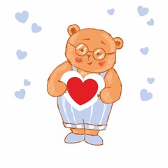 Funny cartoon bear with heart in his hands, hand-drawn.