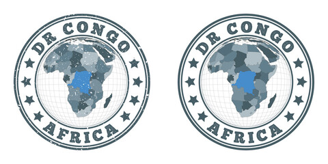 DR Congo round logos. Circular badges of country with map of DR Congo in world context. Plain and textured country stamps. Vector illustration.