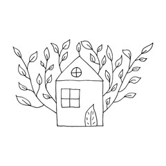Doodle house with branches and leaves. hand drawn of a house with branches and leaves isolated on a white background. Vector illustration sticker, icon, design element