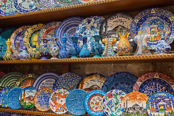 ISTANBUL, TURKEY - APRIL 24, 2018: Collection of turkish ceramics on sale at the Grand Bazaar in...