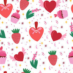 Valentines Day seamless pattern with strawberry,hearts and cake. Vector template for wrapping paper.