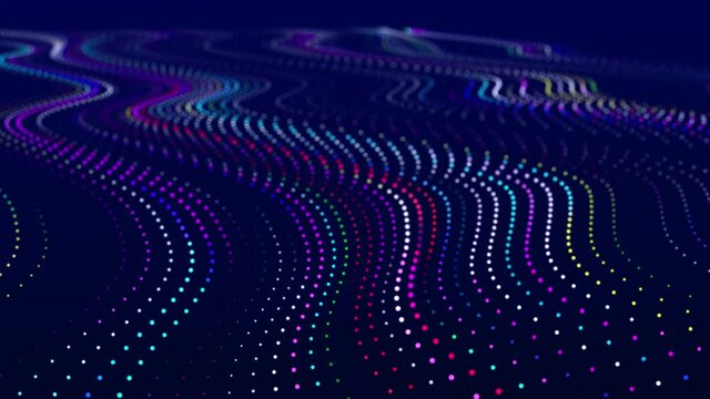 Abstract flow of luminous particles on dark background. Movement of colored dots. Big data visualization. 3D rendering. Seamless loop. 4k