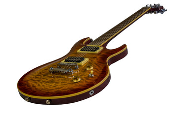 A diagonal view of a sunburst electric guitar with main body focus on a white background
