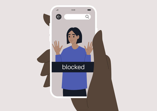 Hand holding a smartphone with a blocked user account, displayed on a screen, privacy in social media