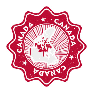 Canada round grunge stamp with country map and country flag. Vintage badge with circular text and stars, vector illustration.