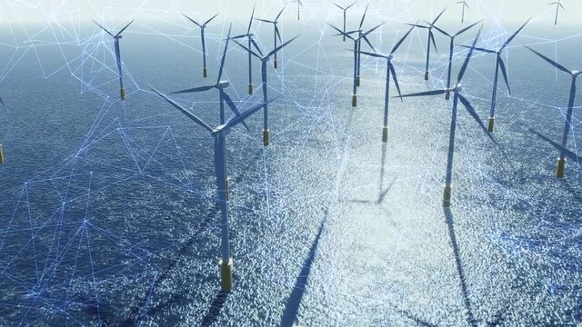 風を受けて回る海上風力発電の風車とホログラムモーション / 再生可能エネルギー・脱炭素社会のコンセプトイメージ / 3Dモーショングラフィックス