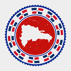 Dominican grunge stamp. Round logo with map and flag of the Dominican Republic. Country stamp. Vector illustration.