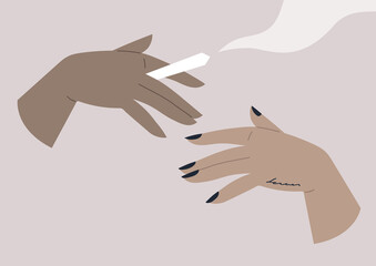 An isolated image of hands sharing a weed joint, cannabis smoking - obrazy, fototapety, plakaty