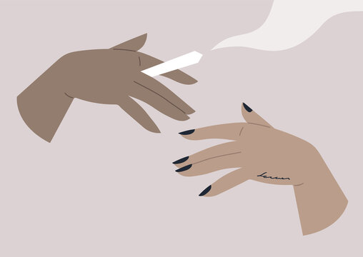 An isolated image of hands sharing a weed joint, cannabis smoking