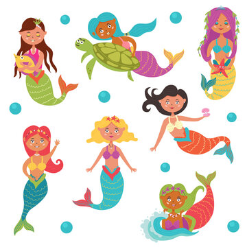 Set of bright baby mermaids. Bundle Fairy sea creature girl with a tail. Vector flat character