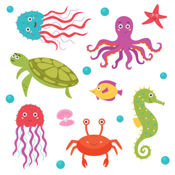 Set of bright smiling sea creatures. Bundle Sea and ocean animal creature aqua fauna. Vector flat isolated illustration