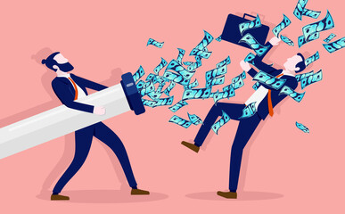 Unequal pay and salary between men - Businessman degrading colleague by spraying money in his face. Earning too much, income difference and inequality concept. Vector illustration.