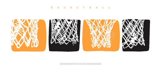Abstract vector basketball hoop on a white background. Sports grunge illustration for banner design, poster, t-shirt print. Hand drawing..