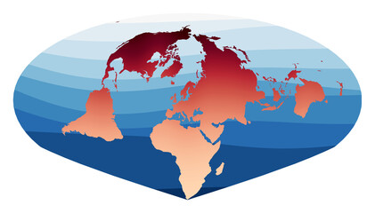 World Map Vector. Allen K. Philbrick's Sinu-Mollweide projection. World in red orange gradient on deep blue ocean waves. Amazing vector illustration.