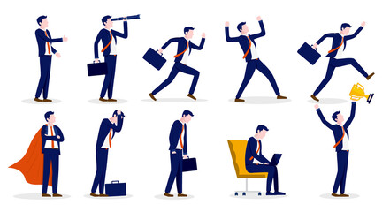 Fototapeta na wymiar Businessman collection - Set of illustration with male person in different work situations. Vector illustration