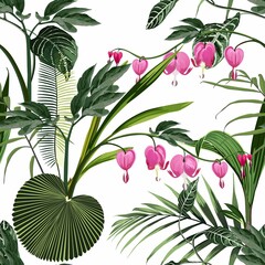 Seamless background from a flowers ornament and exotic tropical leaves, fashionable modern wallpaper or textile. Illustration 