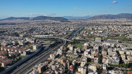 Aerial drone photo of modern Attiki Odos toll road interchange with National road in Attica, Athens, Greece